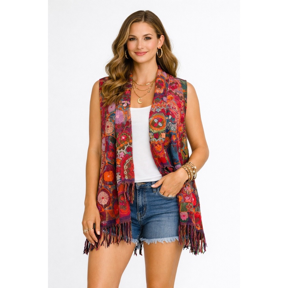 Embroidered Open Front Sleeveless Cardigan Duster Womens Medium Artsy Boho Wool‎